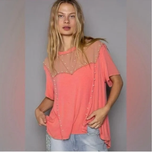POL Oversize Pearl Embellished Ribbed Top Size Small Watermelon Pink - Picture 10 of 12